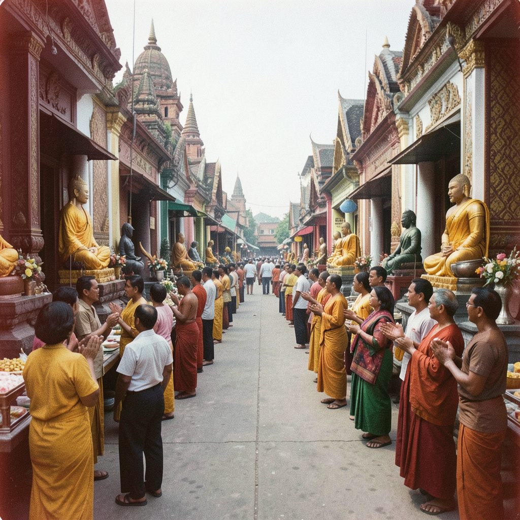 ภาพถ่ายฟิล์มโทนสีทองอมน้ำตาลของเส้นทางไหว้พระเก้าวัดในบรรยากาศชนบทริมทุ่งนา ให้ความรู้สึกอบอุ่นและเงียบสงบ